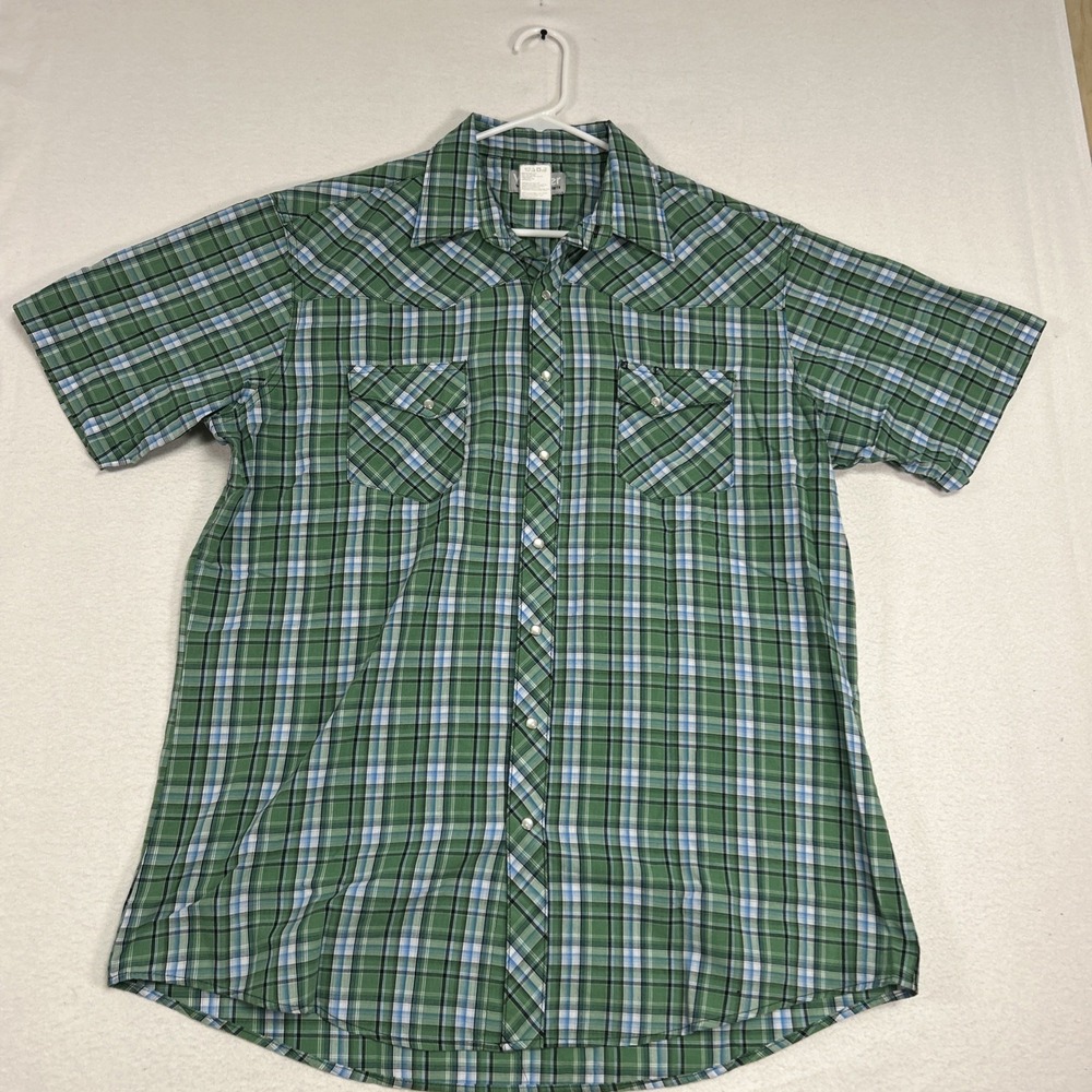 Wrangler‎ Mens XL Green Plaid Wrancher Western Short Sleeve Pearl Snap Shirt